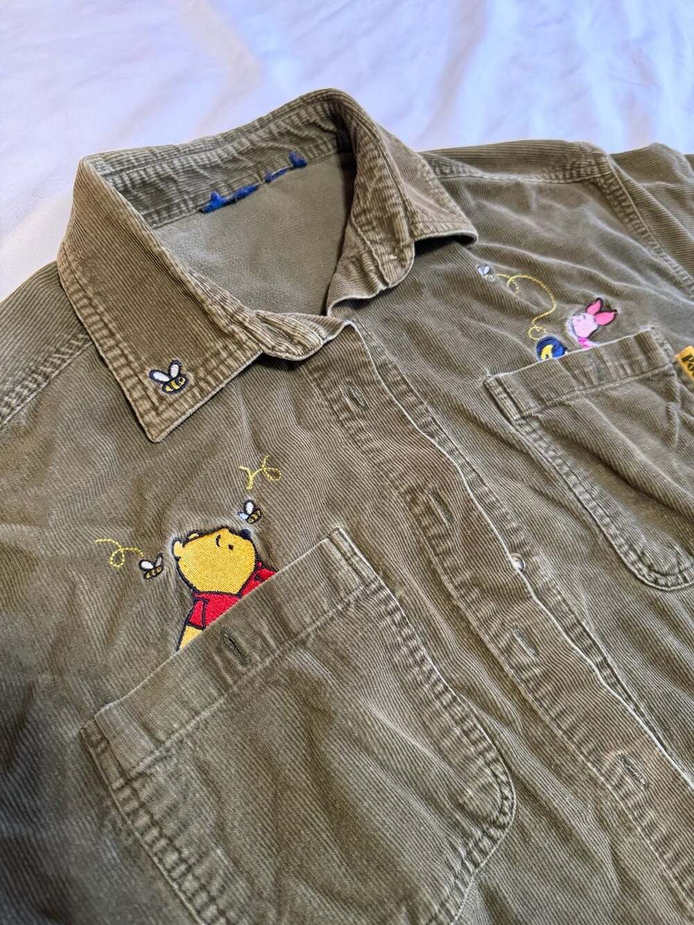 Disney Winnie the Pooh Corduroy Button Down Shirt Olive Green